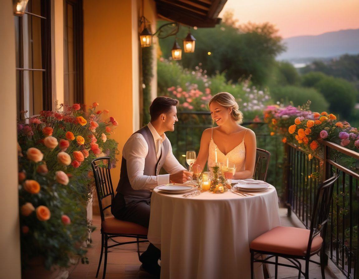 A tranquil view of Villa Del Sole, bathed in warm sunset hues, showcasing a romantic couple enjoying a candlelit dinner on a balcony overlooking lush landscapes. Romantic flowers in full bloom surround the scene, while soft fairy lights twinkle in the background, adding a whimsical touch. The serene atmosphere evokes a sense of escape and intimacy. super-realistic. vibrant colors. warm lighting.