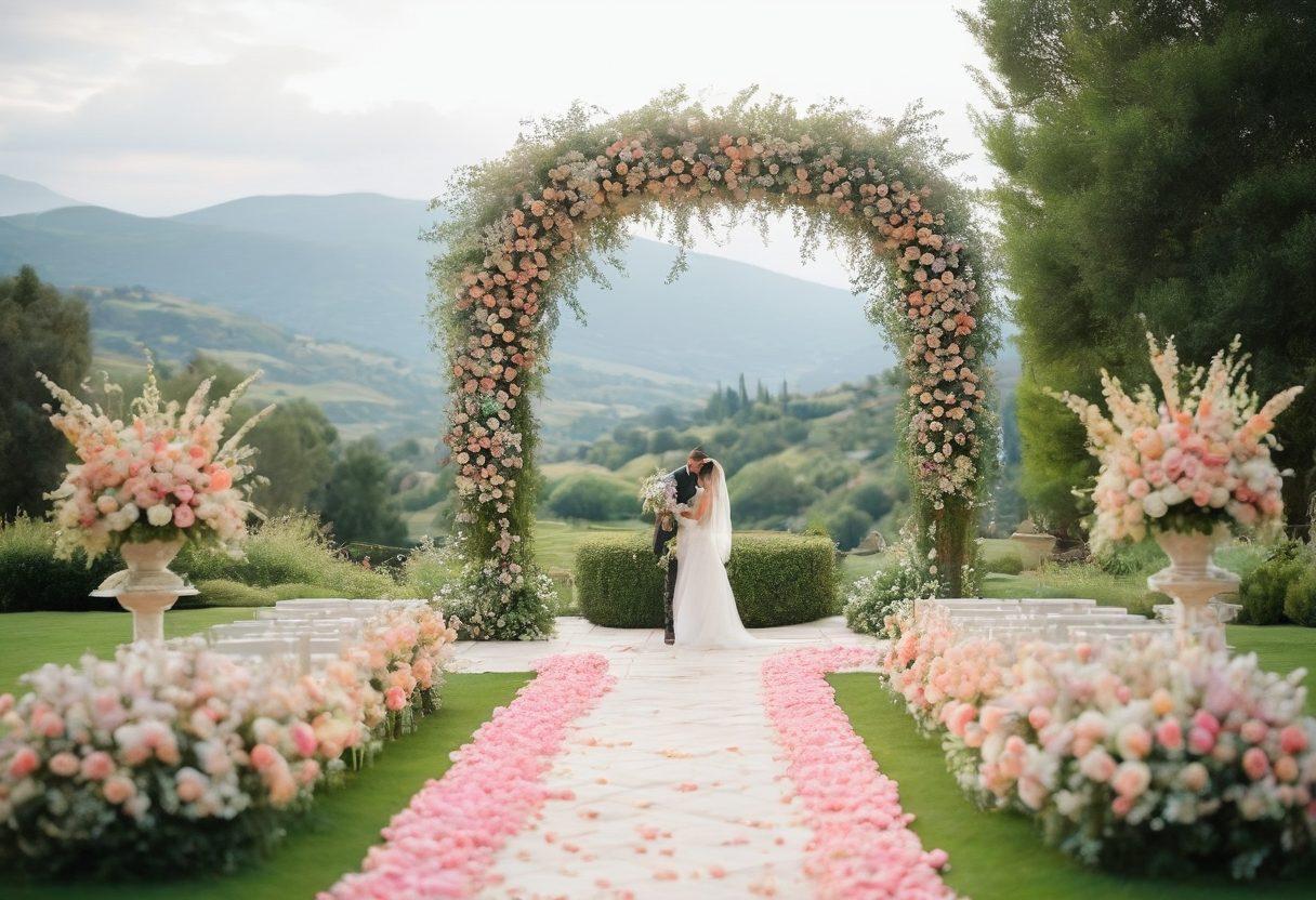 An enchanting wedding scene at Villa Del Sole, showcasing a romantic outdoor ceremony under a luxurious floral arch. Elegant guests in pastel attire surround a beautifully decorated altar with stunning views of the grounds, soft golden light illuminating the event. Include delicate wedding details like rings and bouquets, with a backdrop of rolling hills and blooming gardens. dreamy atmosphere. vibrant colors. super-realistic.