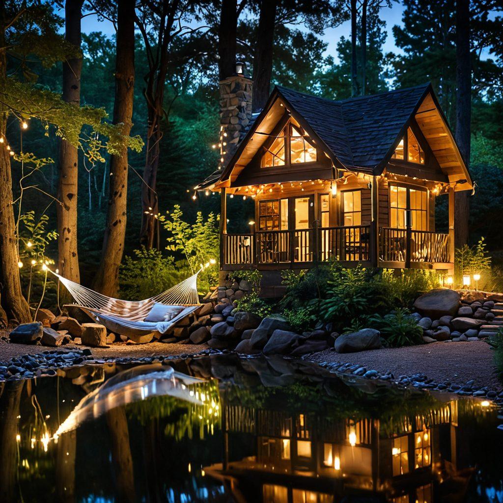 A serene and secluded cabin nestled in a lush forest, adorned with twinkling fairy lights. A cozy outdoor setting featuring a hammock and a small fire pit where two people can enjoy a romantic evening under the stars. Soft, warm colors dominate the scene, emphasizing intimacy and tranquility. A gentle stream nearby reflects the moonlight, enhancing the romantic atmosphere. picturesque, vibrant colors, ultra-realistic.